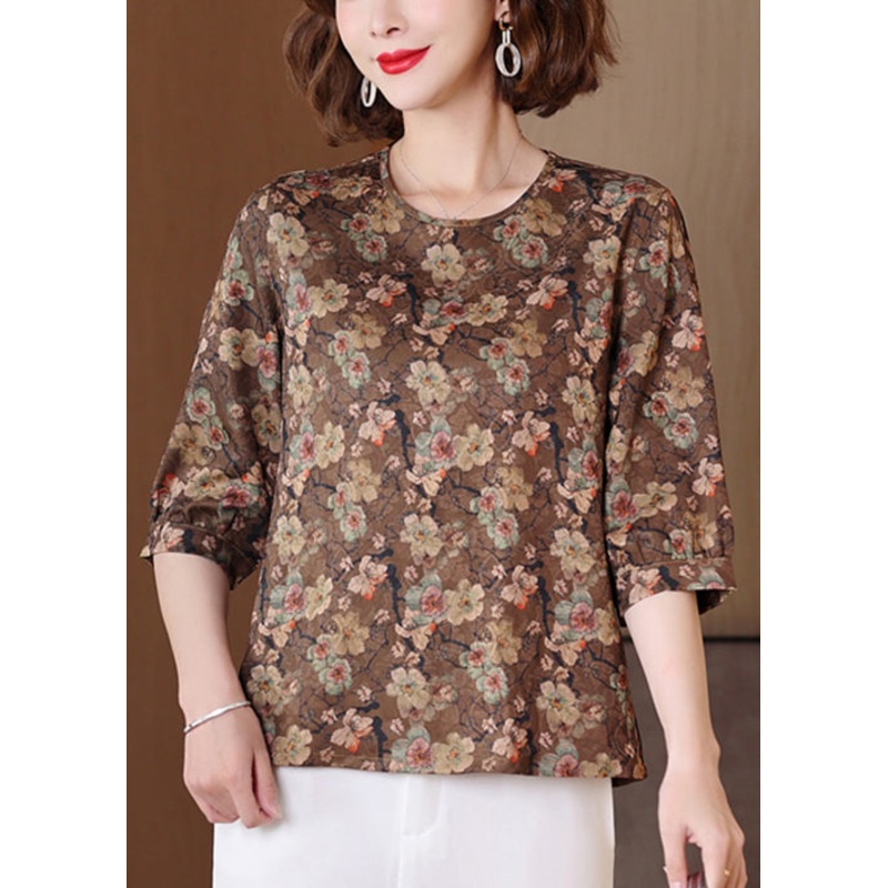 Chic Caramel O Neck Print Patchwork Silk Shirts Half Sleeve