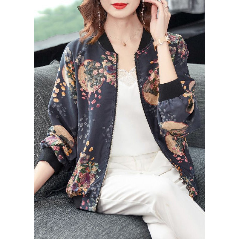 Chic Dark Gray Zip Up Print Pockets Patchwork Silk Coats Fall