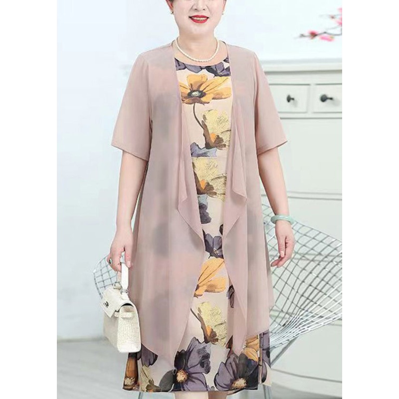 Chic Pink O-Neck Print Patchwork Chiffon Two Piece Suit Summer