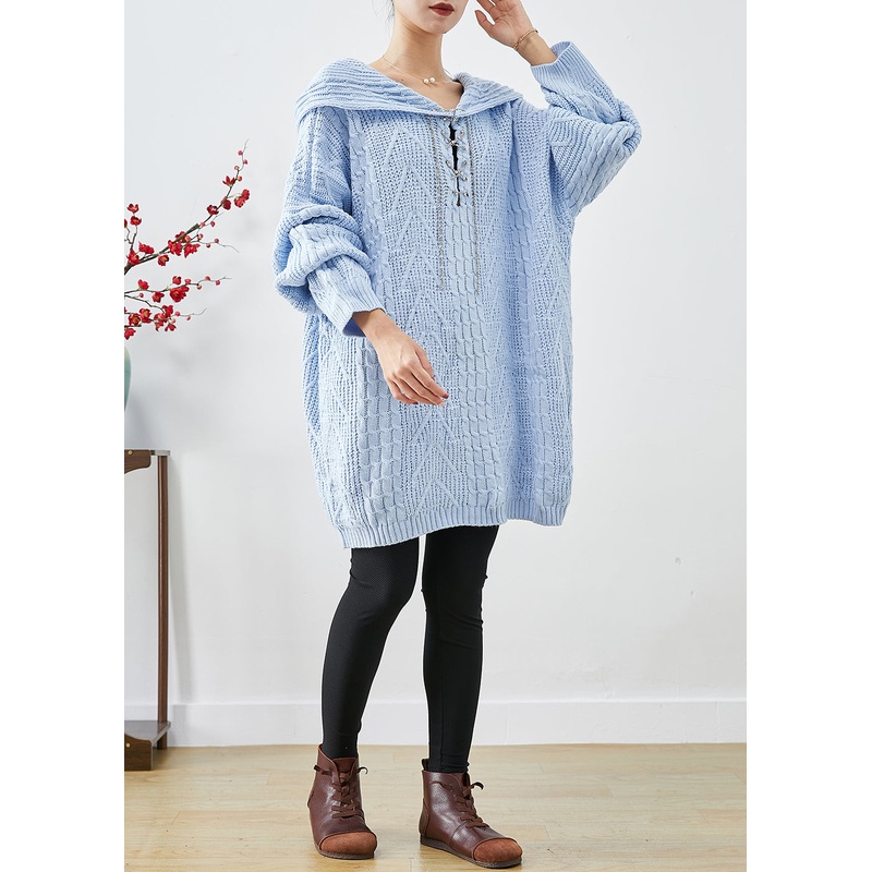 Chic Sky Blue Hooded Oversized Knit Sweater Dress Fall