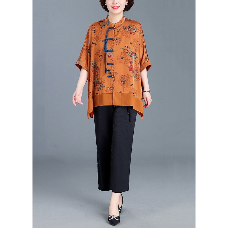 Chic Yellow Stand Collar Button Patchwork Silk Two Pieces Set Half Sleeve