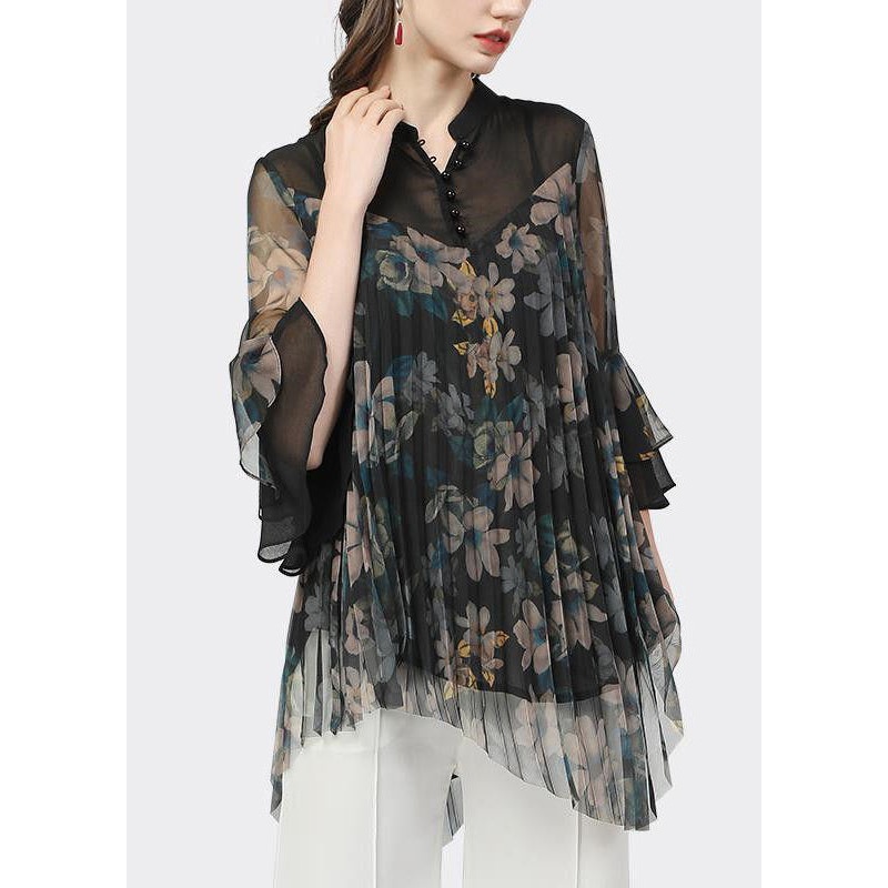 Classy Black Print Wrinkled Tie Waist Chiffon Blouse Flare Sleeve