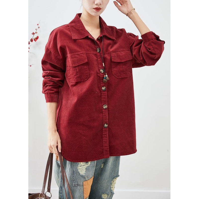 Dull Red Corduroy Shirt Coats Oversized Button Down Fall