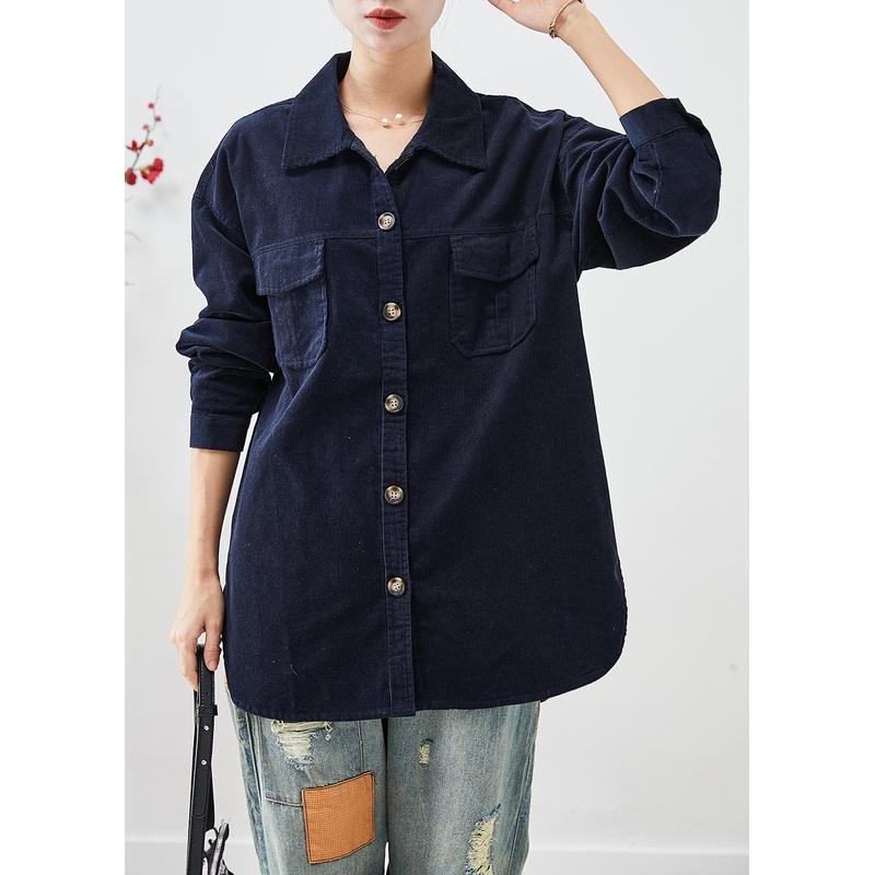 Elegant Navy Oversized Pockets Corduroy Coats Fall