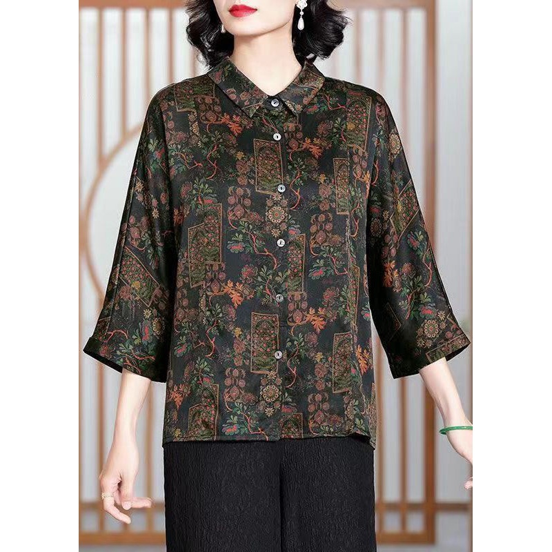French Black Peter Pan Collar Print Button Silk Shirts Bracelet Sleeve