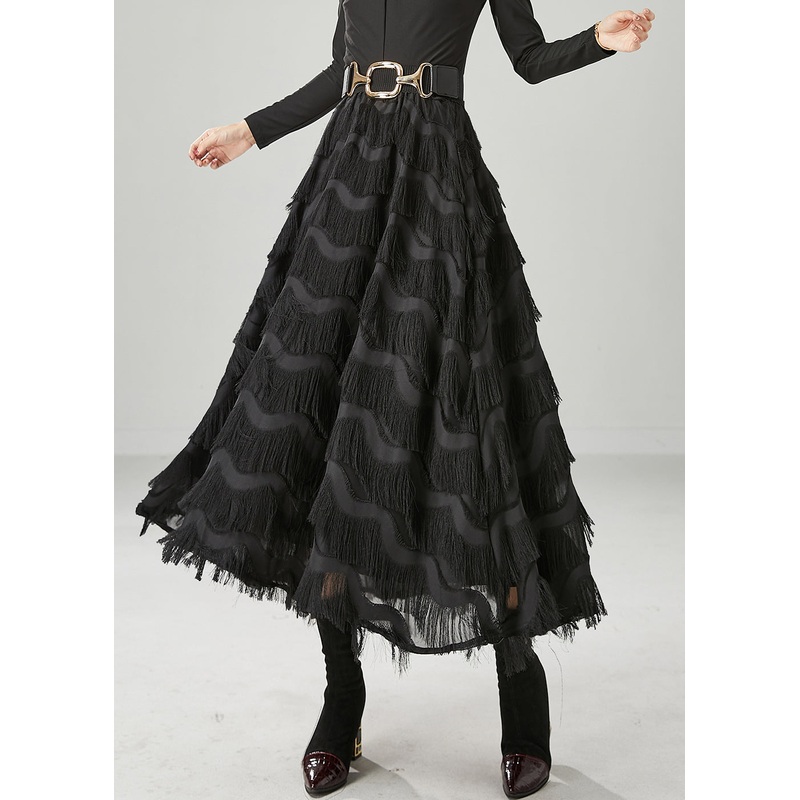 French Black Tasseled Exra Large Hem Chiffon Skirts Summer