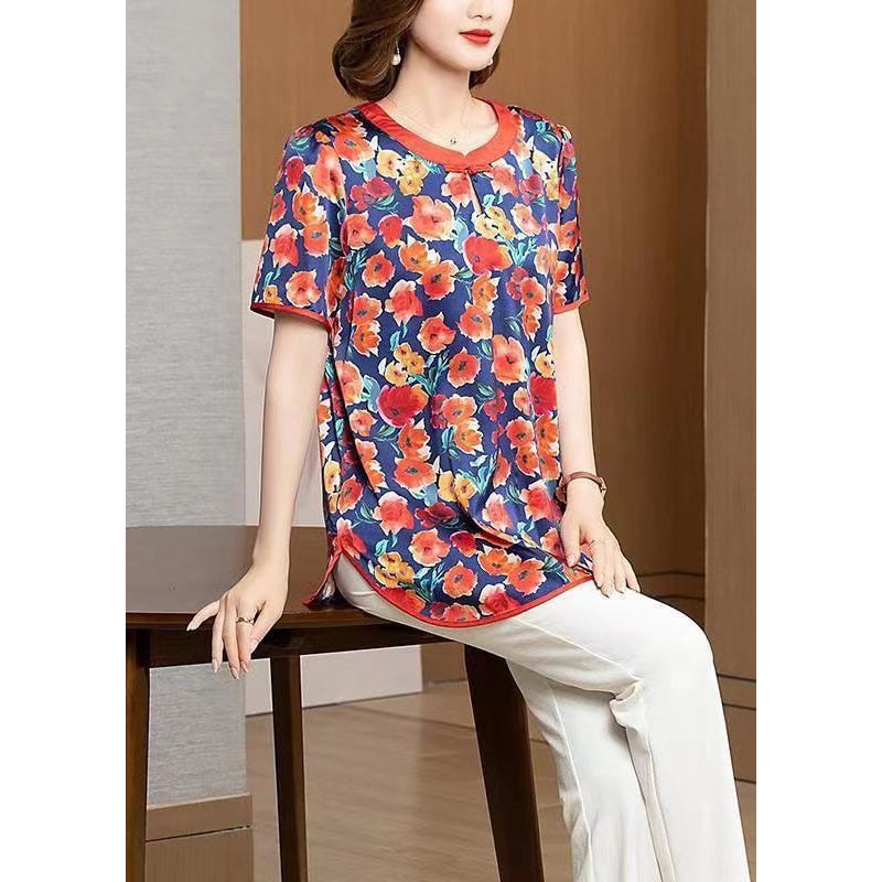French Blue Print Side Open Patchwork Silk T Shirt Summer