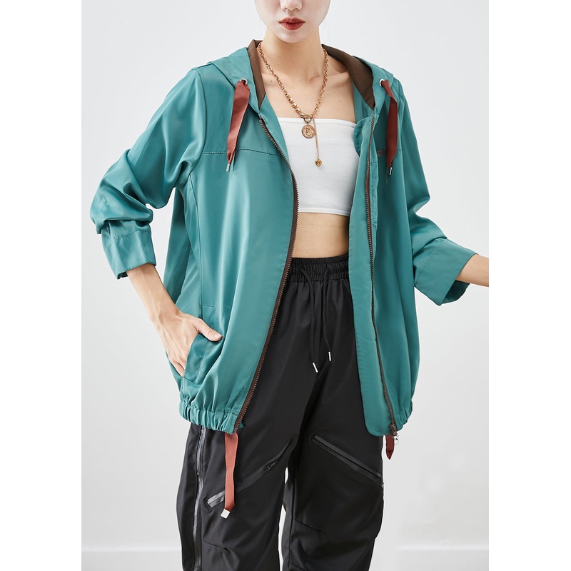 French Green Hooded Drawstring Cotton Jackets Fall