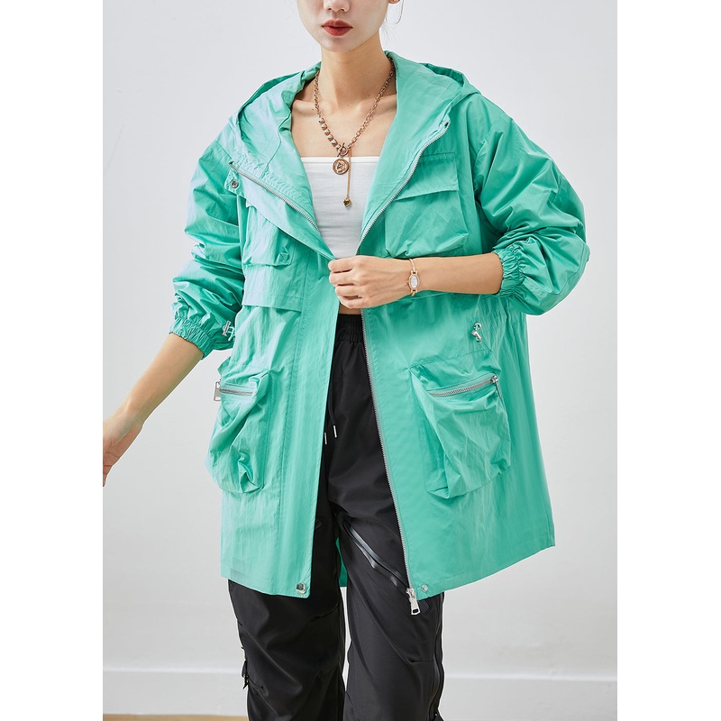Green Patchwork Spandex Coat Outwear Hooded Pockets Fall