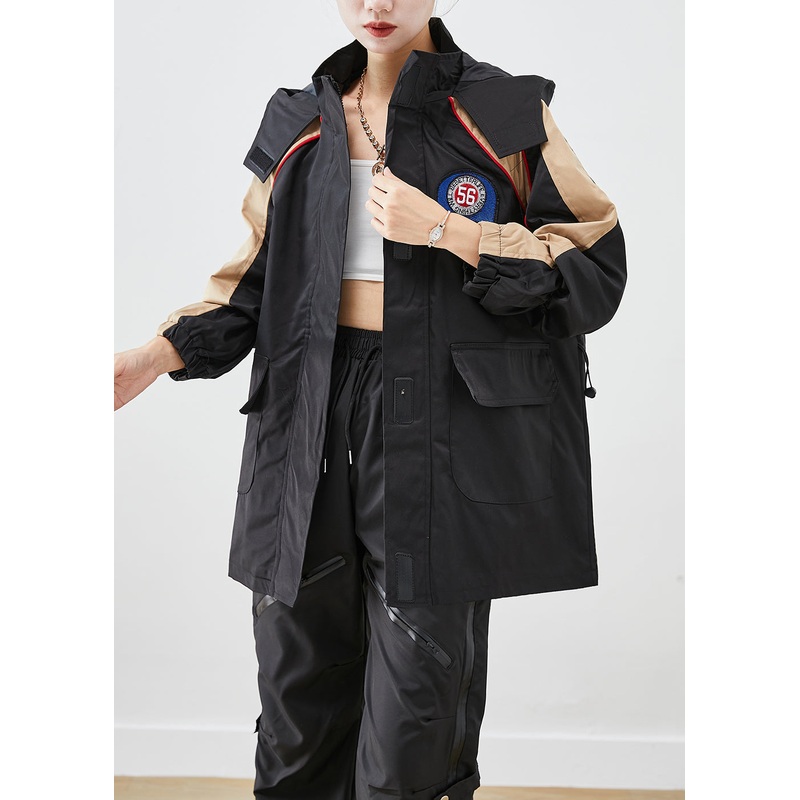 Handmade Black Hooded Patchwork Applique Spandex Jacket Fall