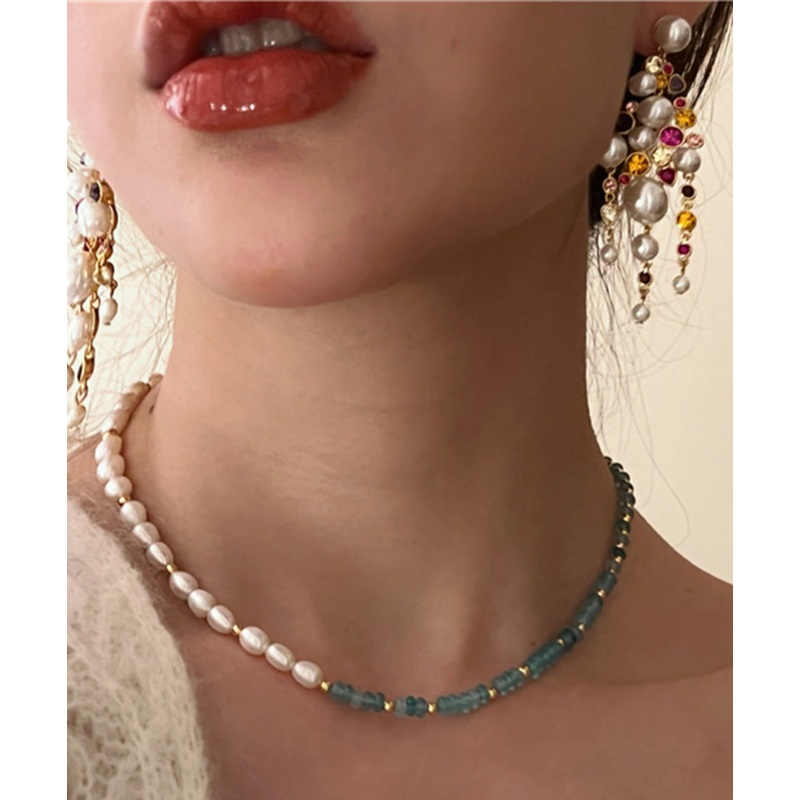 Handmade Blue Overgild Inlaid Jade Pearl Necklace