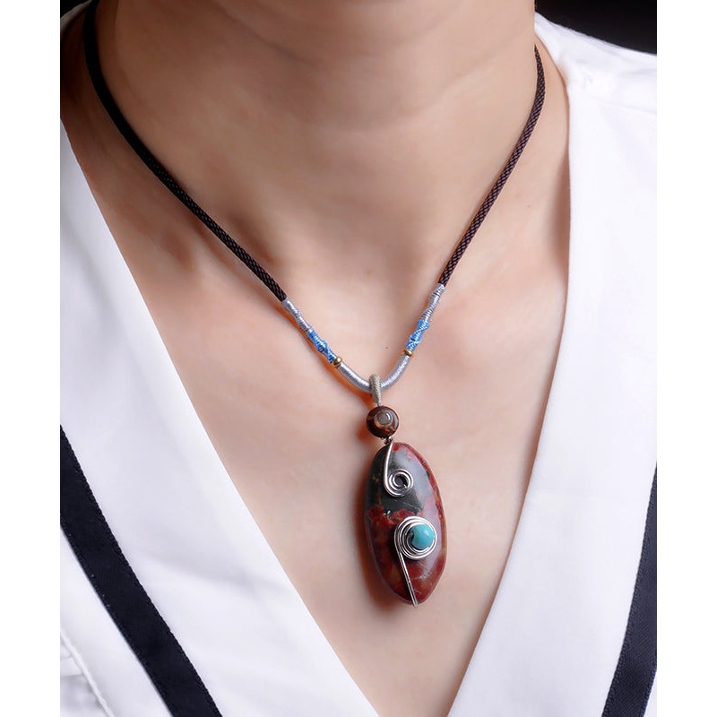 Handmade Green Copper Hand Knitting Turquoise Coloured Glaze Pendant Necklace
