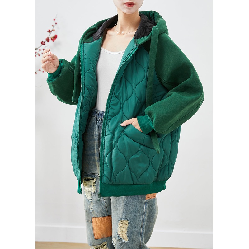 Handmade Green Hooded Patchwork Fine Cotton Filled Puffer Jacket Winter