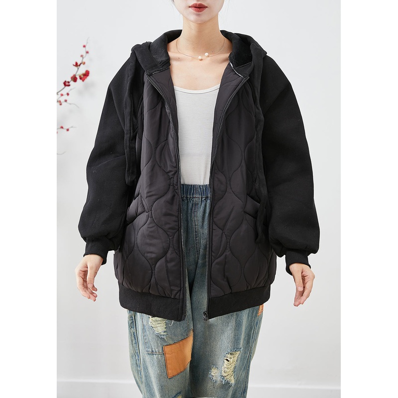 Italian Black Hooded Patchwork Fine Cotton Filled Jackets Winter