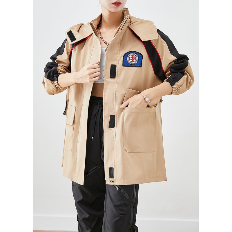 Khaki Patchwork Spandex Jacket Oversized Hooded Fall