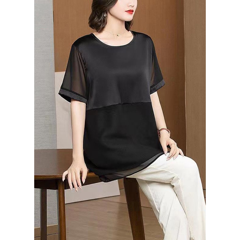 Loose Black O Neck Patchwork Chiffon T Shirt Tops Summer