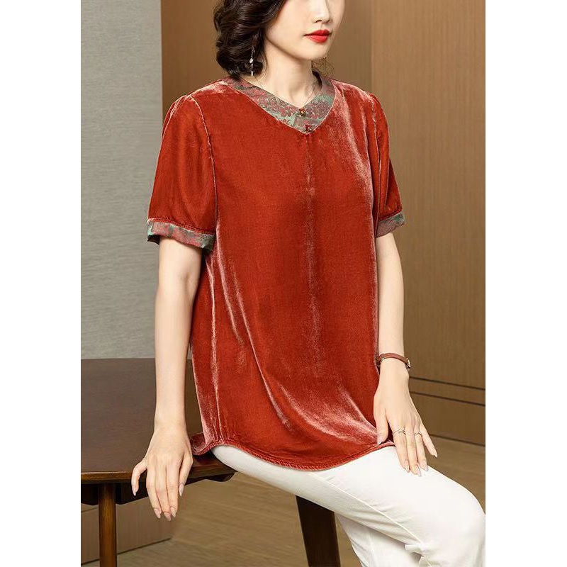 Loose Brick Red Print Patchwork Silk Velour T Shirt Summer