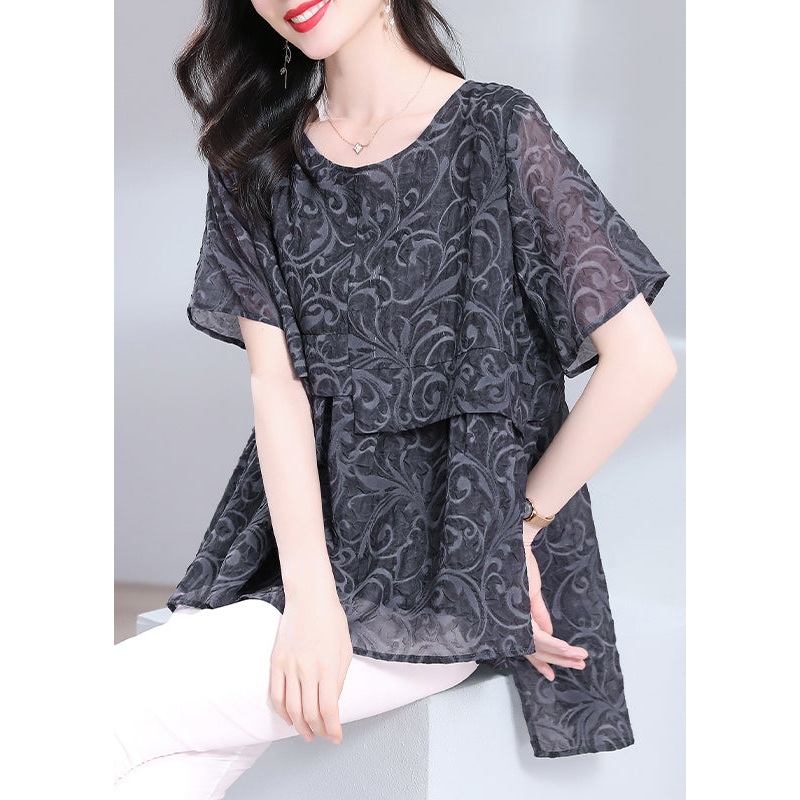 Loose Dark Grey O Neck Print Low High Design Patchwork T Shirt Summer