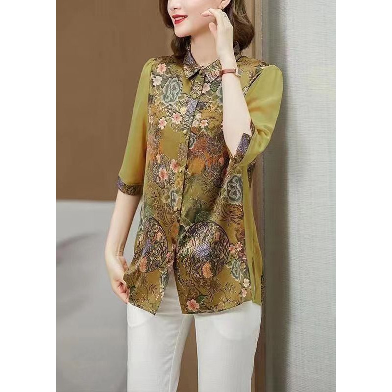 Loose Green Peter Pan Collar Print Silk Blouses Half Sleeve