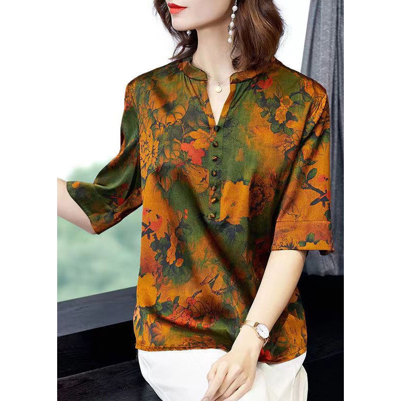 Loose Green V Neck Print Patchwork Silk Tops Summer