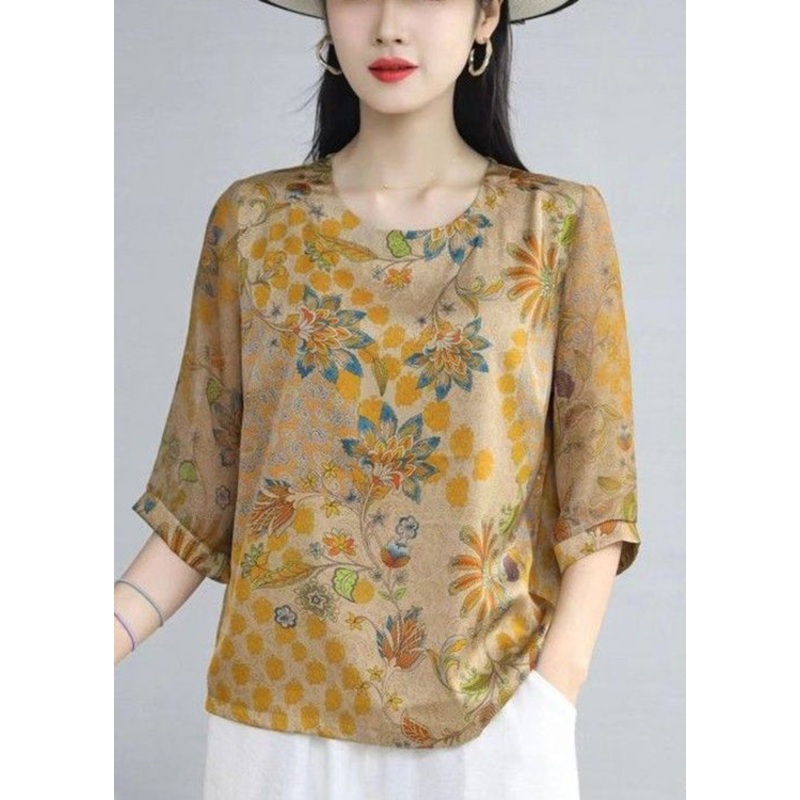 Loose Khaki O Neck Print Patchwork Silk T Shirts Half Sleeve