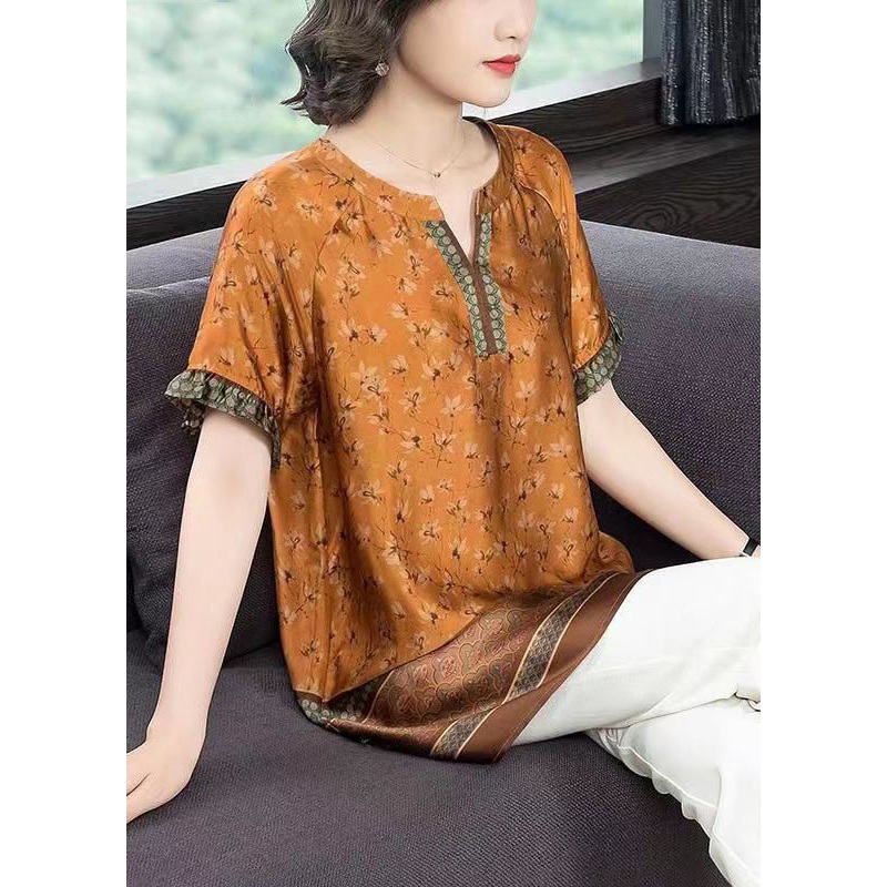 Loose Orange V Neck Print Side Open Patchwork Silk T Shirts Summer