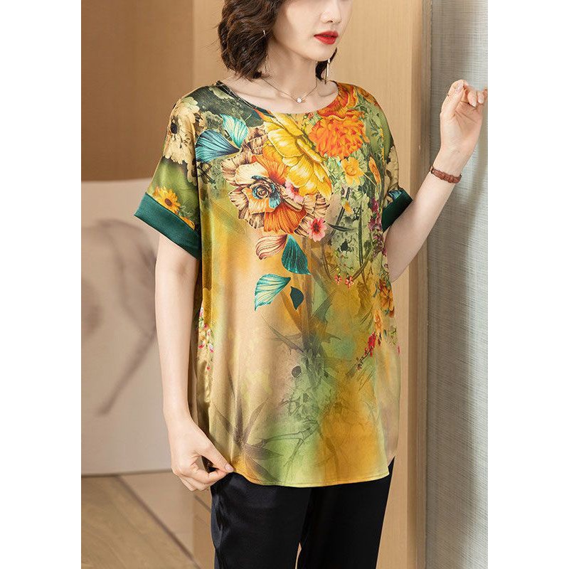 Loose Yellow O Neck Print Patchwork Silk T Shirt Summer