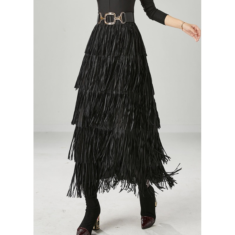 Modern Black Layered Tasseled Slim Fit Skirts Summer