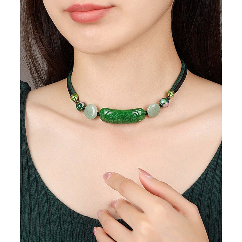 Modern Green Jade Cloisonne Dry Green Necklace