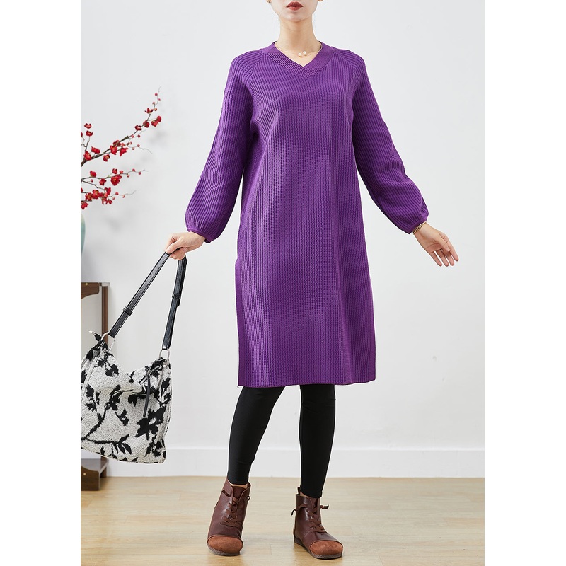 Modern Purple V Neck Side Open Knit Mid Dress Fall