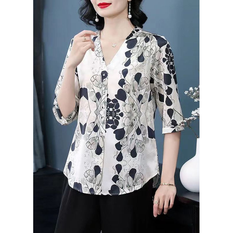 New Beige V Neck Print Patchwork Silk Tops Half Sleeve