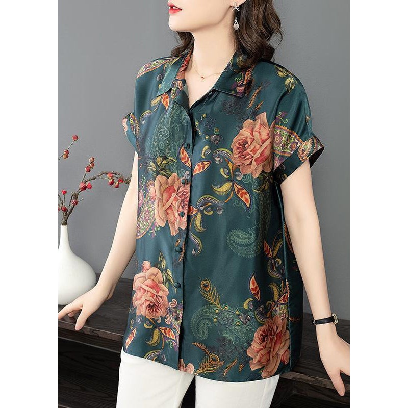 New Blackish Green Peter Pan Collar Print Silk Shirt Summer