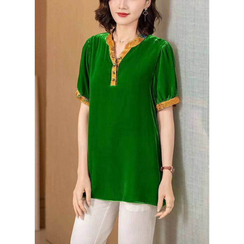 New Green V Neck Print Patchwork Silk Velour Blouses Short Sleeve
