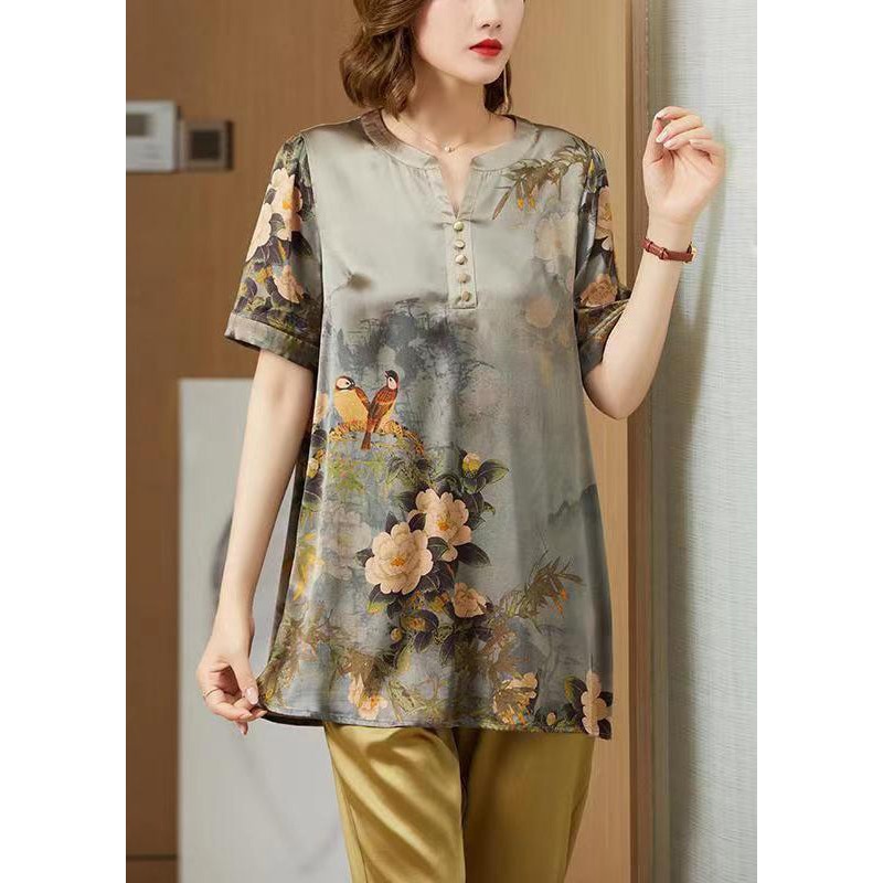New Light Green V Neck Print Patchwork Silk Tops Summer