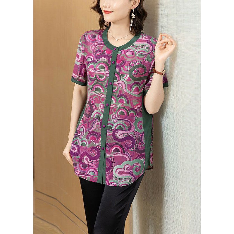 New Purple O Neck Print Button Patchwork Silk Shirt Summer