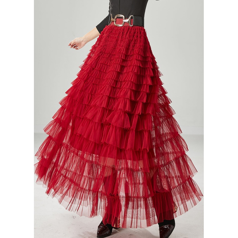 Organic Red Elastic Waist Layered Tulle A Line Skirt Summer