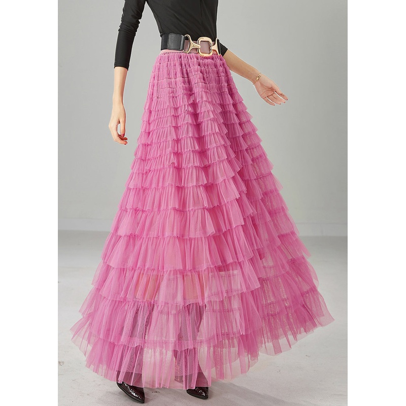 Pink Layered Tulle Beach Skirts High Waist Summer