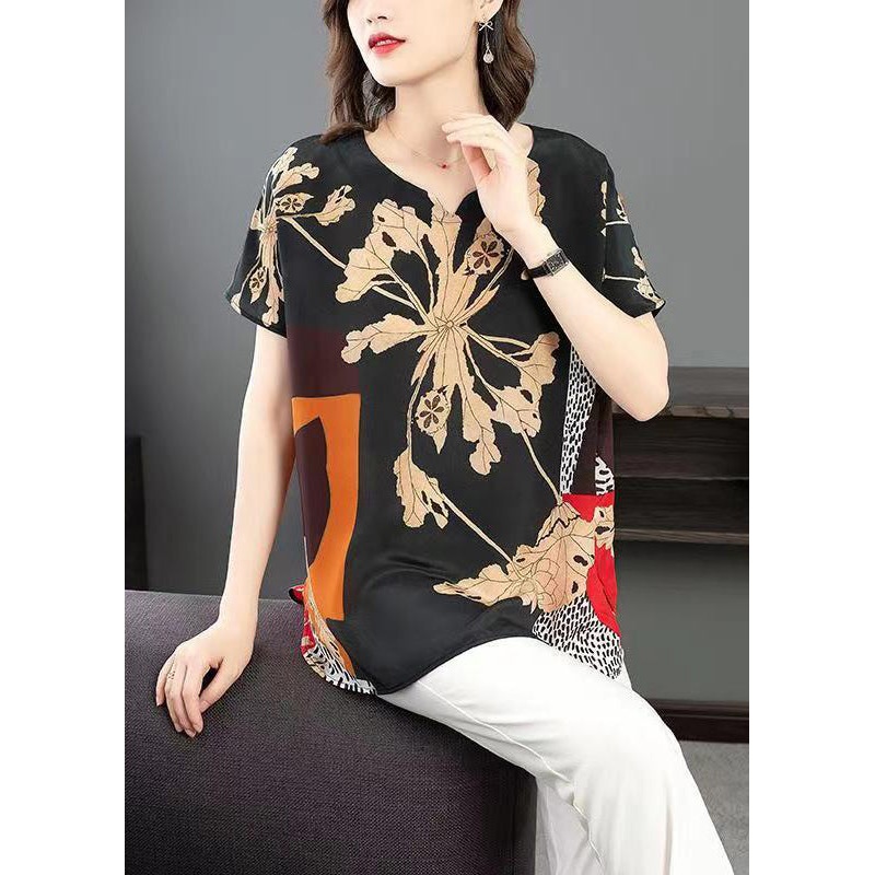 Plus Size Black Print Side Open Patchwork Silk T Shirt Summer