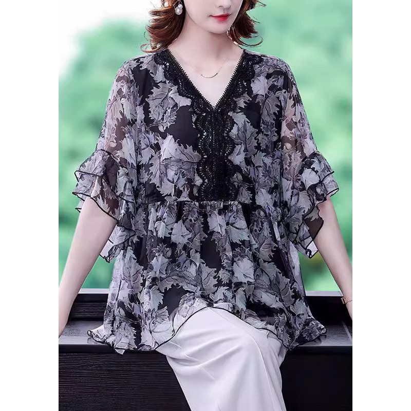 Plus Size Black V Neck Ruffled Print Chiffon Shirt Half Sleeve