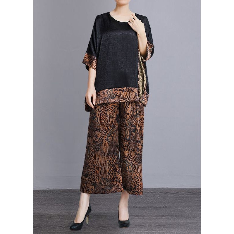 Plus Size Leopard O-Neck Print Patchwork Silk Two Pieces Set Batwing Sleeve