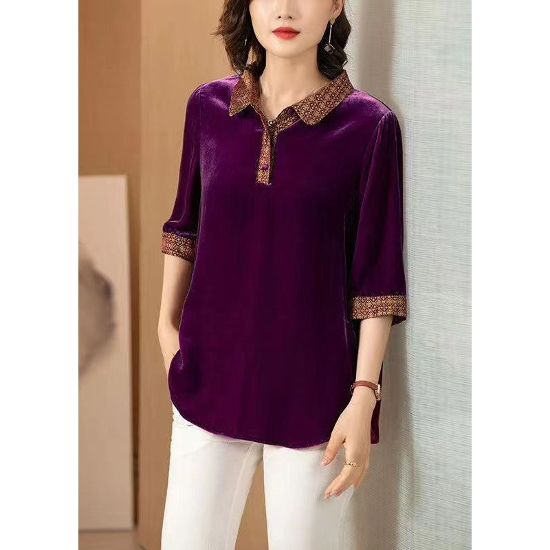 Purple Button Patchwork Silk Shirt Peter Pan Collar Fall