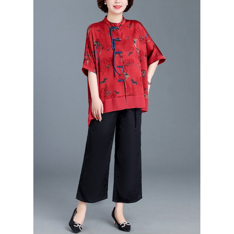 Red Print Button Patchwork Silk Two Piece Set Stand Collar Summer