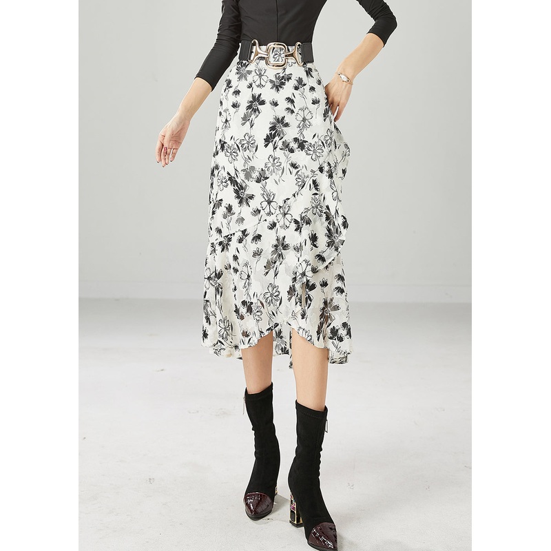 Simple White Print Patchwork Ruffles Chiffon Skirts Summer