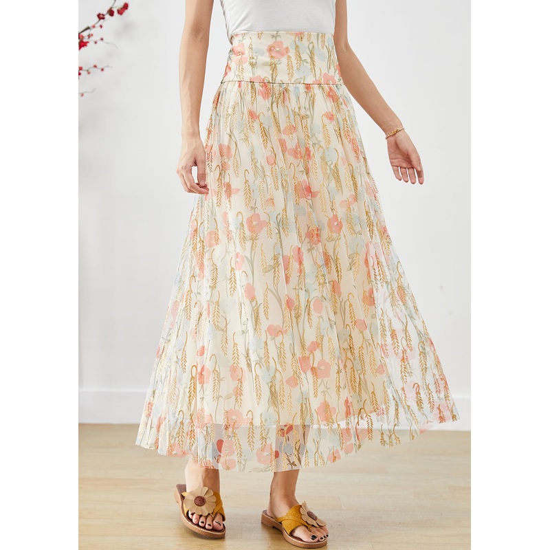 Slim Fit Beige High Waist Print Tulle Skirt Summer