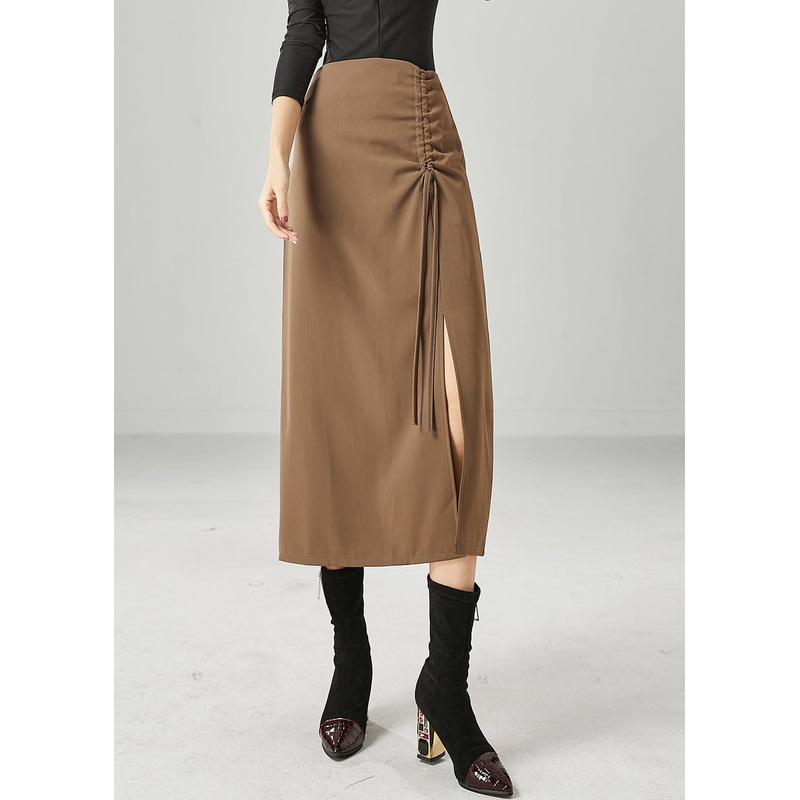 Slim Fit Coffee Cinched Side Open Chiffon Skirt Summer