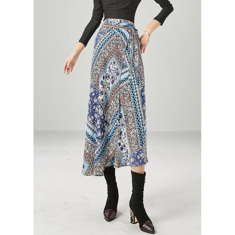 Style Blue Print Asymmetrical Design Chiffon Skirt Summer