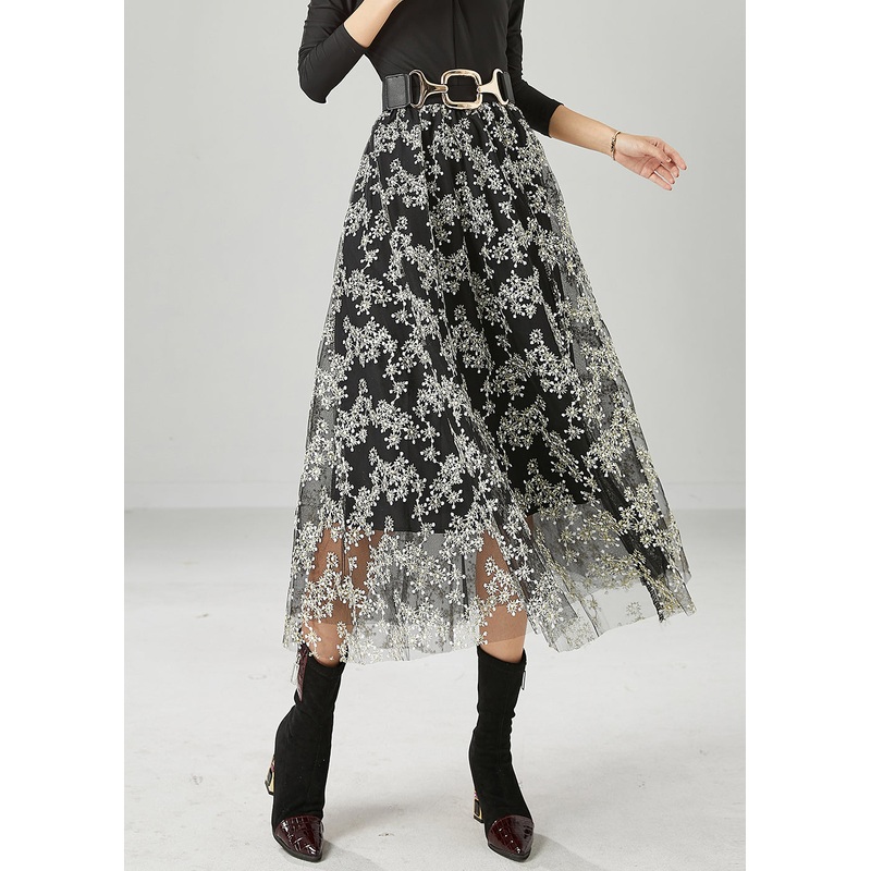 Stylish Black Embroideried Tulle Skirt Summer
