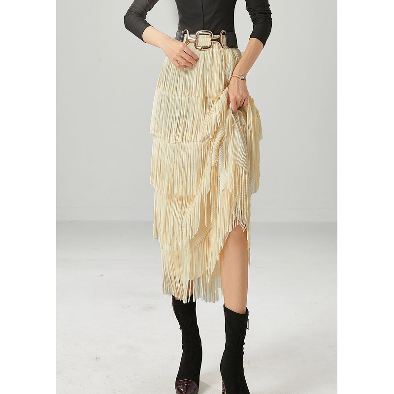 Stylish Light Yellow Layered Tasseled Slim Fit Skirts Summer