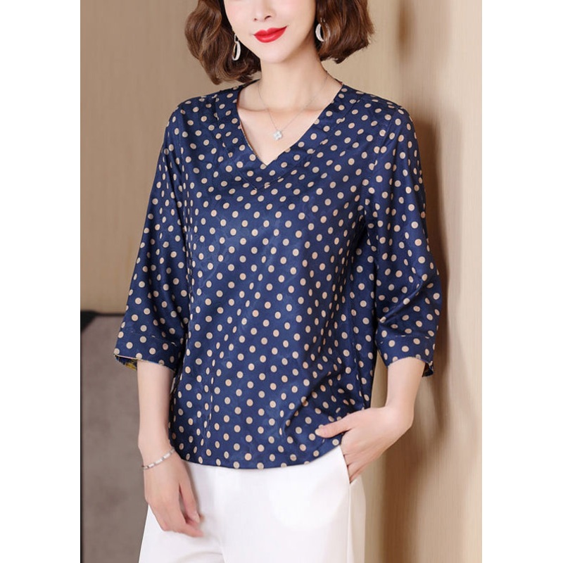 Stylish Navy Dotted Print Wear On Both Sides Silk Top Bracelet Sleeve