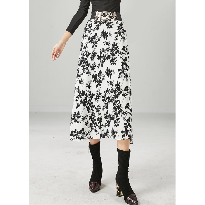 Stylish White Print Slim Fit Chiffon Skirts Summer